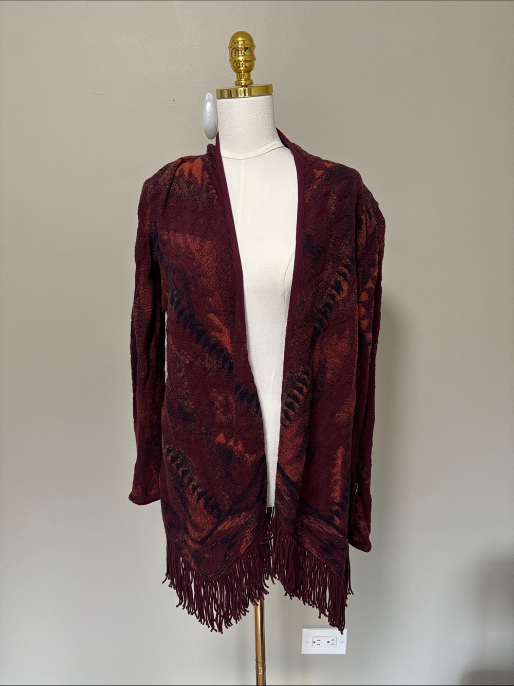 Lucky Brand Burgundy Fringe Open Cardigan with Black and Rust Accents